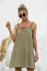 2021 Summer New Women's Fashion Sexy Solid V Neck Lace Up Spaghetti Straps Sleeveless Backless Ruffles Empire Mini Dress Ladies