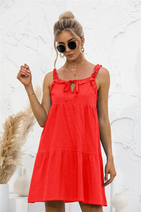 2021 Summer New Women's Fashion Sexy Solid V Neck Lace Up Spaghetti Straps Sleeveless Backless Ruffles Empire Mini Dress Ladies