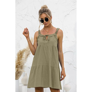 2021 Summer New Women's Fashion Sexy Solid V Neck Lace Up Spaghetti Straps Sleeveless Backless Ruffles Empire Mini Dress Ladies