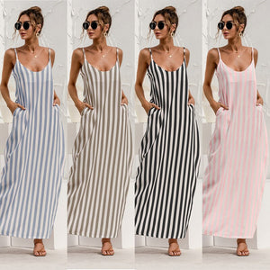 2021 Summer New Women's Fashion Sexy Stripe V Neck Spaghetti Straps Sleeveless Backless Loose Waist Pockets Ankle Lenght Dress