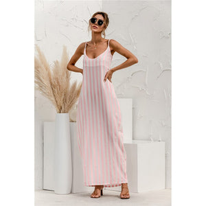 2021 Summer New Women's Fashion Sexy Stripe V Neck Spaghetti Straps Sleeveless Backless Loose Waist Pockets Ankle Lenght Dress