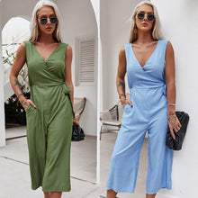 Load image into Gallery viewer, 2021 Summer New Women&#39;s Fashion Solid Deep V Neck Button Sleeveless Empire Lace Up Pockets Straight Jumpsuits Ladies Slim Basic