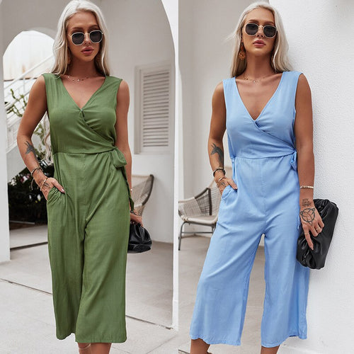 2021 Summer New Women's Fashion Solid Deep V Neck Button Sleeveless Empire Lace Up Pockets Straight Jumpsuits Ladies Slim Basic