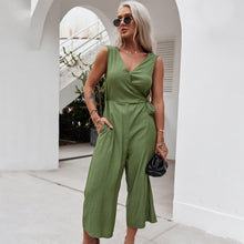 Load image into Gallery viewer, 2021 Summer New Women&#39;s Fashion Solid Deep V Neck Button Sleeveless Empire Lace Up Pockets Straight Jumpsuits Ladies Slim Basic