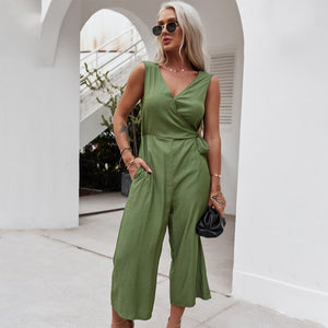 2021 Summer New Women's Fashion Solid Deep V Neck Button Sleeveless Empire Lace Up Pockets Straight Jumpsuits Ladies Slim Basic