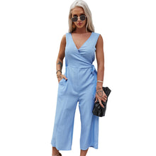 Load image into Gallery viewer, 2021 Summer New Women&#39;s Fashion Solid Deep V Neck Button Sleeveless Empire Lace Up Pockets Straight Jumpsuits Ladies Slim Basic