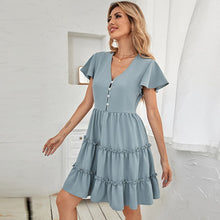 Load image into Gallery viewer, 2021 Summer New Women&#39;s Fashion Solid Deep V Neck Flying Short Sleeve Buttons Patchwork Tunic Knee Lenght Dress Lady Slim Basic