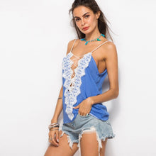 Load image into Gallery viewer, 2021 Summer New Women&#39;s Fashion Top Casual Solid V Neck Spaghetti Straps Sleeveless Backless Patchwork Lace T Shirt Ladies Loose