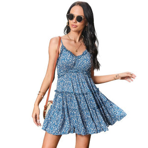 2021 Summer New Women's Fasion Casual Floral Print V Neck Spaghetti Straps Sleeveless Backless Empire A Line Mini Dress Ladies