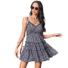 Load image into Gallery viewer, 2021 Summer New Women&#39;s Fasion Casual Floral Print V Neck Spaghetti Straps Sleeveless Backless Empire A Line Mini Dress Ladies