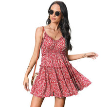 Load image into Gallery viewer, 2021 Summer New Women&#39;s Fasion Casual Floral Print V Neck Spaghetti Straps Sleeveless Backless Empire A Line Mini Dress Ladies