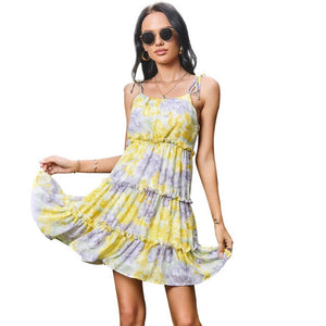 2021 Summer New Women's Flashion Sexy Print O Neck Spaghetti Straps Bow Sleeveless Backless Folds Empire A Line Mini Dress Lady