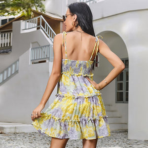 2021 Summer New Women's Flashion Sexy Print O Neck Spaghetti Straps Bow Sleeveless Backless Folds Empire A Line Mini Dress Lady