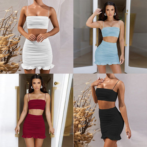 2021 Summer New Women's Sexy Camisole Pleated Two-Piece Ruffled Hip Skirt