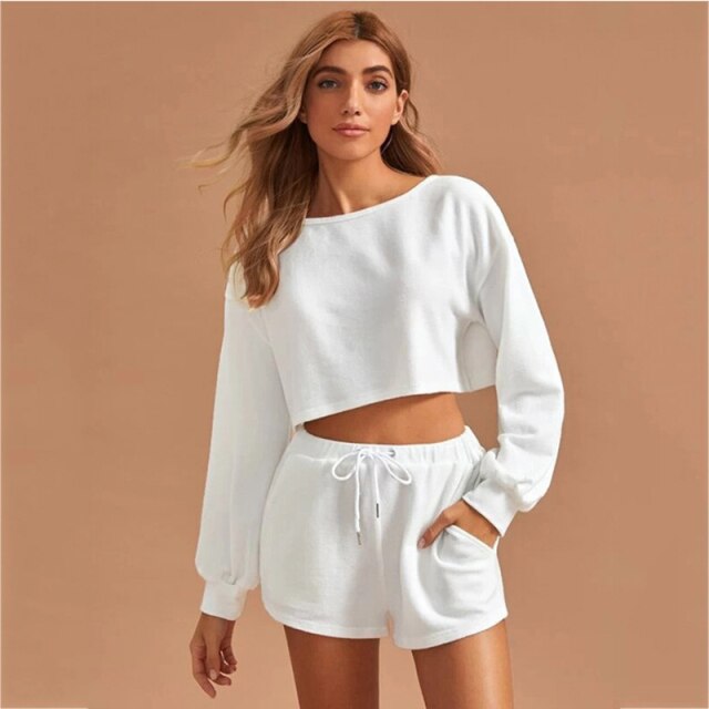 2021 Summer New Women's  Solid Color Round Neck Long-Sleeved Drawstring Short Casual Sweater Two-Piece Suit