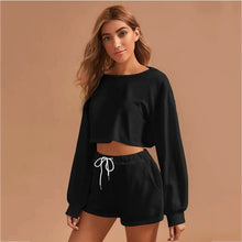Load image into Gallery viewer, 2021 Summer New Women&#39;s  Solid Color Round Neck Long-Sleeved Drawstring Short Casual Sweater Two-Piece Suit