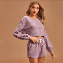 Load image into Gallery viewer, 2021 Summer New Women&#39;s  Solid Color Round Neck Long-Sleeved Drawstring Short Casual Sweater Two-Piece Suit