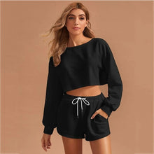 Load image into Gallery viewer, 2021 Summer New Women&#39;s  Solid Color Round Neck Long-Sleeved Drawstring Short Casual Sweater Two-Piece Suit