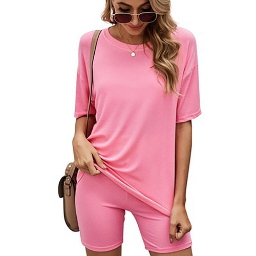 2021 Summer New Women's Solid Color T-Shirt With Tight Shorts Sports Home Two-Piece Suit
