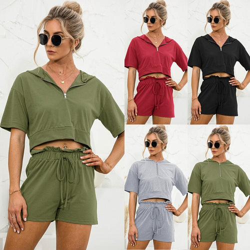 2021 Summer New Womens' Fashion Casual Solid V Neck Zippers Short Sleeve Crops Tops Elastic Waist Lace Up Short Panr Lady Loose