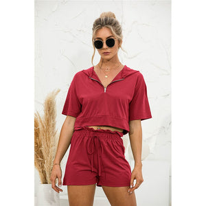 2021 Summer New Womens' Fashion Casual Solid V Neck Zippers Short Sleeve Crops Tops Elastic Waist Lace Up Short Panr Lady Loose