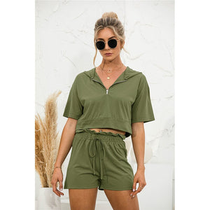 2021 Summer New Womens' Fashion Casual Solid V Neck Zippers Short Sleeve Crops Tops Elastic Waist Lace Up Short Panr Lady Loose
