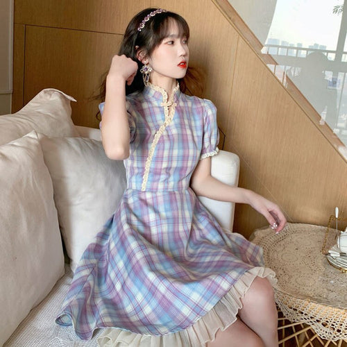 2021 Summer New retro Purple Plaid Dress College Wind Waist Was Thinner Improved Cheongsam A-Line Dress Female