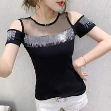 Load image into Gallery viewer, 2021 Summer New short-sleeved Women t-shirt sexy O-neck hot diamond fashion strapless wild slim T-shirt women tops