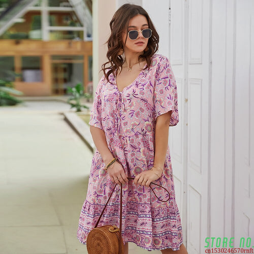 2021 Summer Plus Size Women's Dress Short-Sleeved Bohemian Printed V-Neck Beach Dress Ladies Retro Casual Holiday Dress 4XL