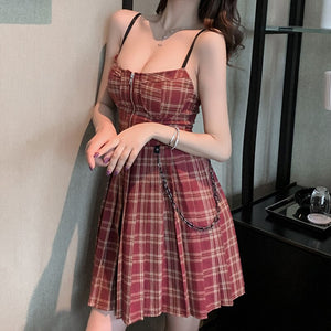 2021 Summer Preppy Style Gothic Girls Sexy Vintage Mini Dress Red Black Pleated Plaid Women Mini Short Robes Vestidos De Verano