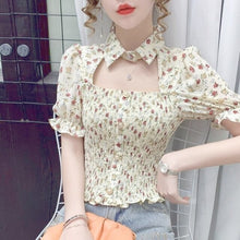 Load image into Gallery viewer, 2021 Summer Sexy Floral Tops for Women Cut Out Print Slim Kawaii Sweet Blouse Wrinkle Short Sleeve Korean Fashion Elegant Shirts