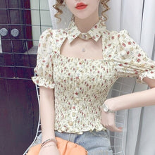 Load image into Gallery viewer, 2021 Summer Sexy Floral Tops for Women Cut Out Print Slim Kawaii Sweet Blouse Wrinkle Short Sleeve Korean Fashion Elegant Shirts