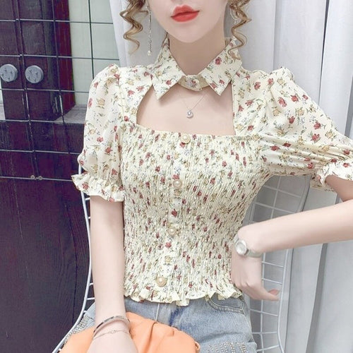 2021 Summer Sexy Floral Tops for Women Cut Out Print Slim Kawaii Sweet Blouse Wrinkle Short Sleeve Korean Fashion Elegant Shirts
