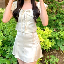 Load image into Gallery viewer, 2021 Summer Sexy Lotus Collar Bow Flying Sleeve Slim Shirt Crop Top+ Bandage High Waist Mini Skirts 2 Piece Sets Womens Outfits