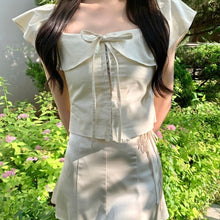 Load image into Gallery viewer, 2021 Summer Sexy Lotus Collar Bow Flying Sleeve Slim Shirt Crop Top+ Bandage High Waist Mini Skirts 2 Piece Sets Womens Outfits