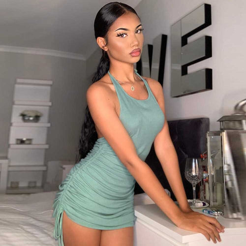 2021 Summer Sexy Sling Hanging Neck Drawstring Short Skirt Thread Temperament Halter Dress Women's New Mini Skirt