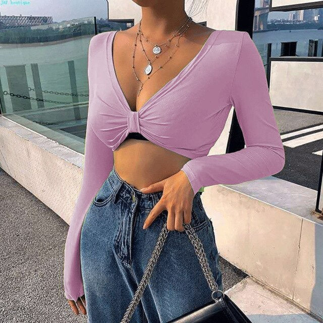 2021 Summer Sexy Women's V-neck Solid Color Pleated LONG SLEEVE T-shirt Bra Top Crop Women Tops Streetwear Haut Tunique Femme