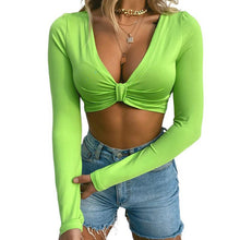 Load image into Gallery viewer, 2021 Summer Sexy Women&#39;s V-neck Solid Color Pleated LONG SLEEVE T-shirt Bra Top Crop Women Tops Streetwear Haut Tunique Femme