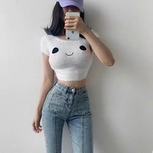 Load image into Gallery viewer, 2021 Summer Short Sleeve Short Crop Top Slim Round Neck Furry Kawaii Smiling Face White Top Fashion Casual Expression Clothes