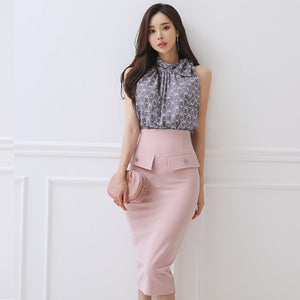 2021 Summer Skirt Two Piece Set Women Elegant Temperament Lace-up Sleeveless Printed Shirt Tops + High Waist Bodycon Skirt Suits