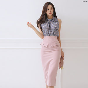 2021 Summer Skirt Two Piece Set Women Elegant Temperament Lace-up Sleeveless Printed Shirt Tops + High Waist Bodycon Skirt Suits