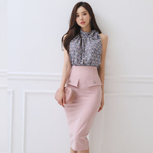 2021 Summer Skirt Two Piece Set Women Elegant Temperament Lace-up Sleeveless Printed Shirt Tops + High Waist Bodycon Skirt Suits