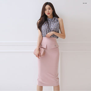 2021 Summer Skirt Two Piece Set Women Elegant Temperament Lace-up Sleeveless Printed Shirt Tops + High Waist Bodycon Skirt Suits