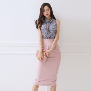 2021 Summer Skirt Two Piece Set Women Elegant Temperament Lace-up Sleeveless Printed Shirt Tops + High Waist Bodycon Skirt Suits