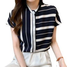 Load image into Gallery viewer, 2021 Summer Stripe Chiffon Short Sleeve Shirt Stand Collar Slim Blouses Button Chiffon Blusas Female Dropshipping Korean 0618