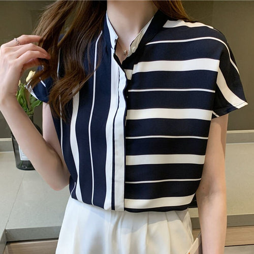 2021 Summer Stripe Chiffon Short Sleeve Shirt Stand Collar Slim Blouses Button Chiffon Blusas Female Dropshipping Korean 0618