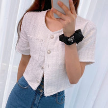 Load image into Gallery viewer, 2021 Summer Sweet Tweed O-Neck Pearl Single Breasted Casual Jacket Cardigan Coat Ladies Fashion Short Sleeve Slim Top
