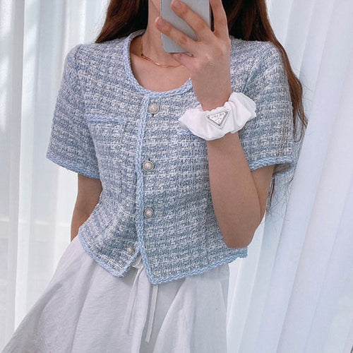 2021 Summer Sweet Tweed O-Neck Pearl Single Breasted Casual Jacket Cardigan Coat Ladies Fashion Short Sleeve Slim Top