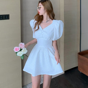 2021 Summer Sweet White Vintage Dress Korea Women Elegant Puff Sleeve Slim Waist Party Mini Dress Female