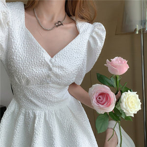 2021 Summer Sweet White Vintage Dress Korea Women Elegant Puff Sleeve Slim Waist Party Mini Dress Female